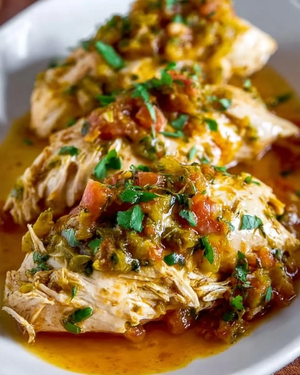 Plate of 2 Ingredient Salsa Chicken recipe with fresh salsa and chicken breasts