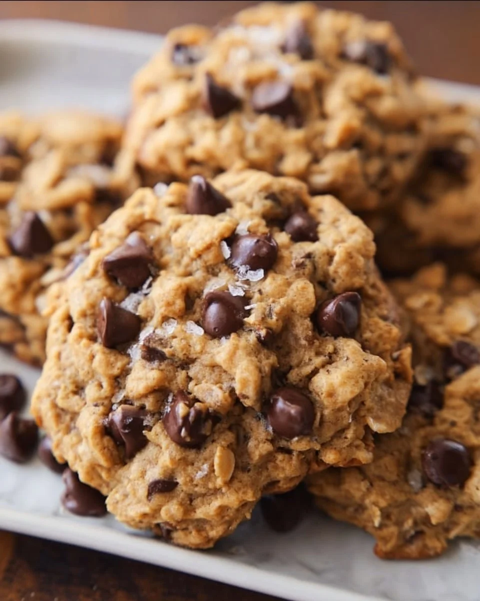 Delicious 5-ingredient peanut butter oatmeal chocolate chip cookies on a plate.