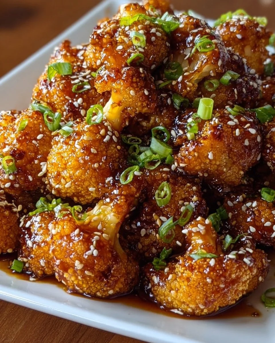 Plate of sticky honey garlic cauliflower with sesame seeds and green onions