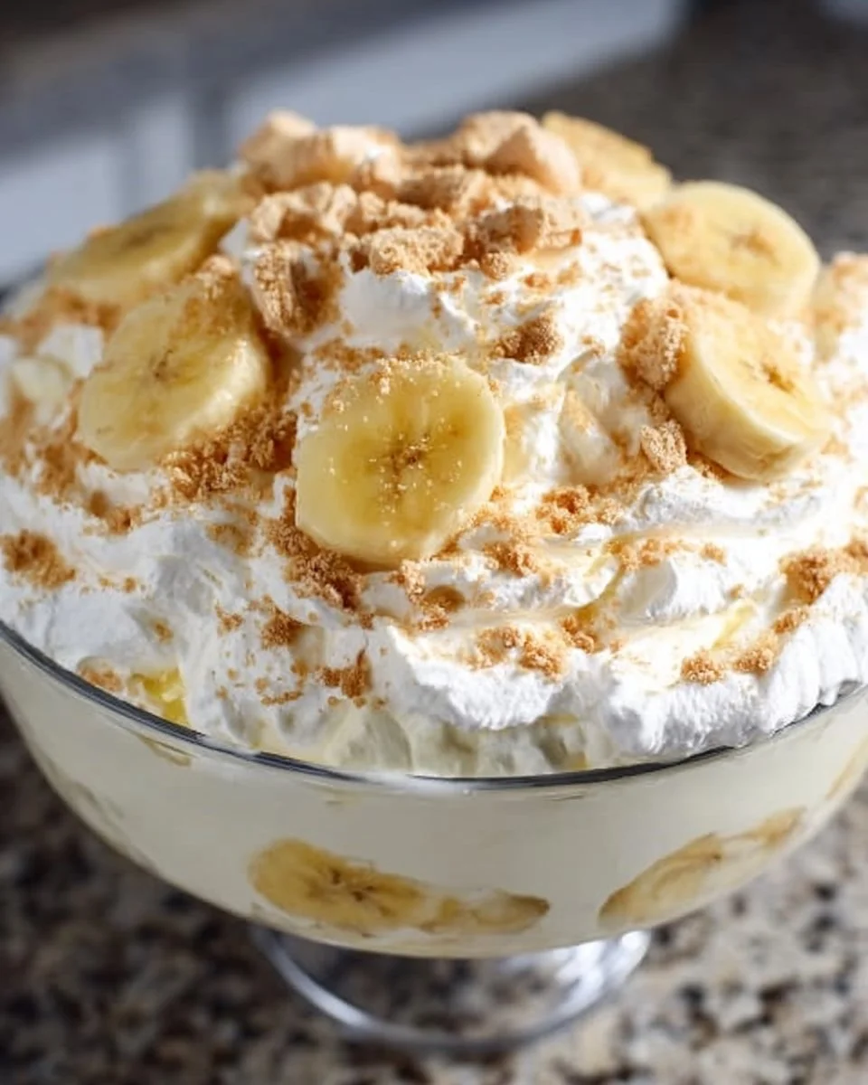 Delicious banana pudding fluff dessert topped with whipped cream and bananas.