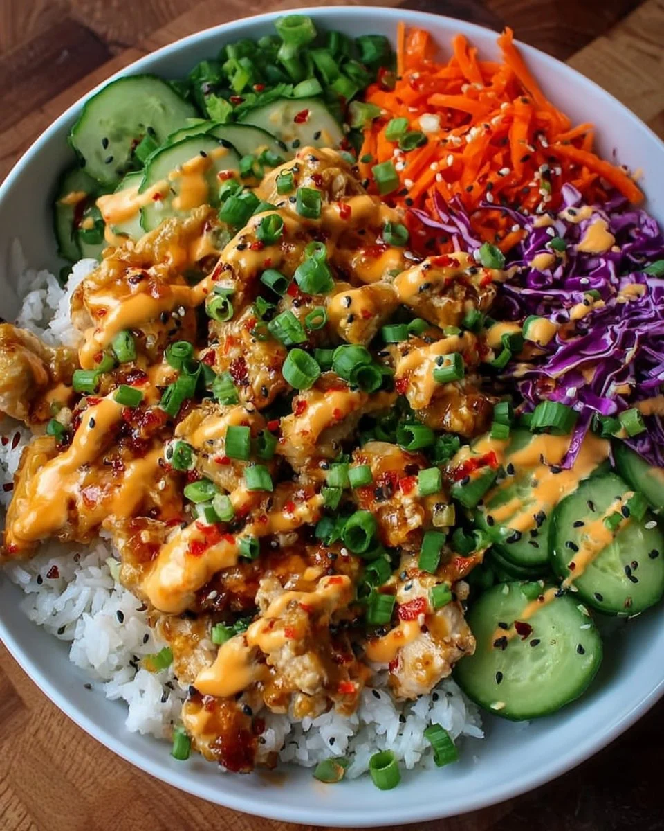 A delicious Bang Bang Chicken Bowl topped with creamy sauce and fresh vegetables.