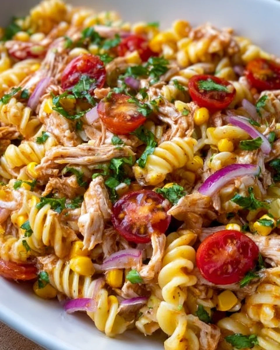 Delicious BBQ chicken pasta salad served in a bowl with fresh vegetables