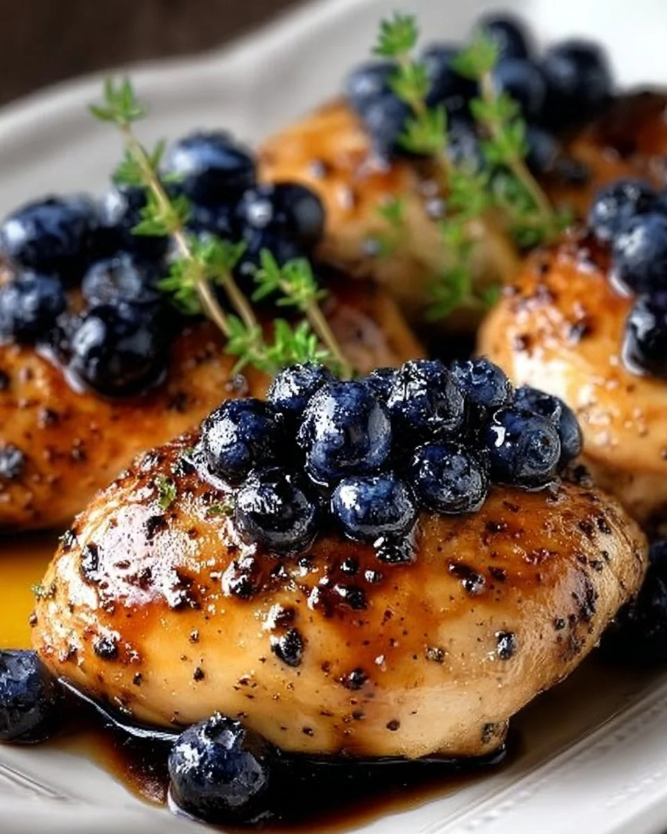 Juicy blueberry thyme chicken dish garnished with fresh thyme and blueberries.