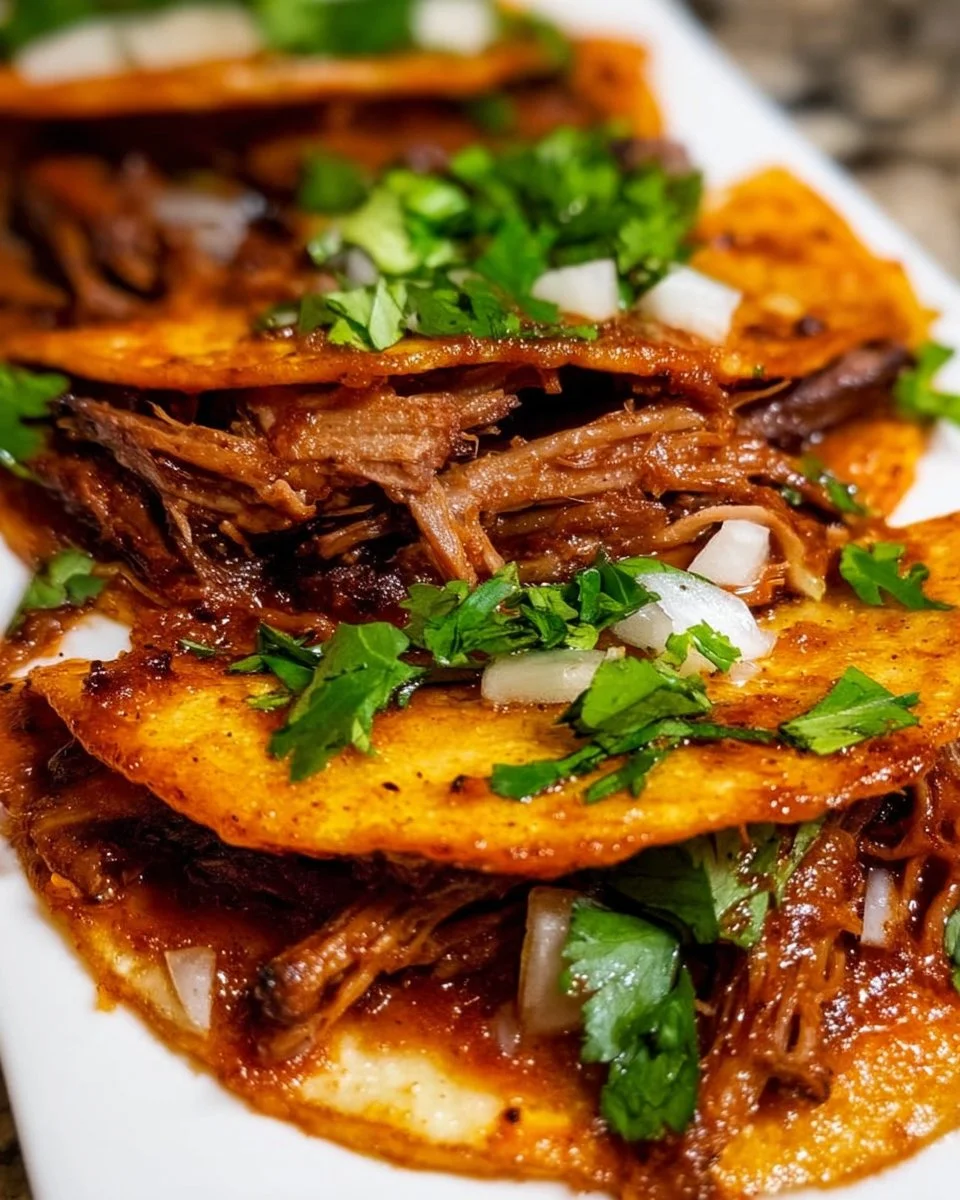 A plate of flavorful birria tacos served with fresh toppings and sauces.