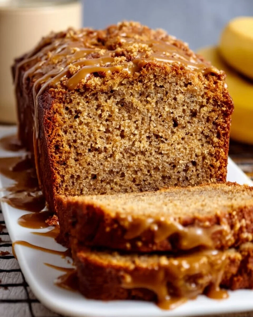 Slices of Biscoff Banana Bread topped with spread and crumbs.