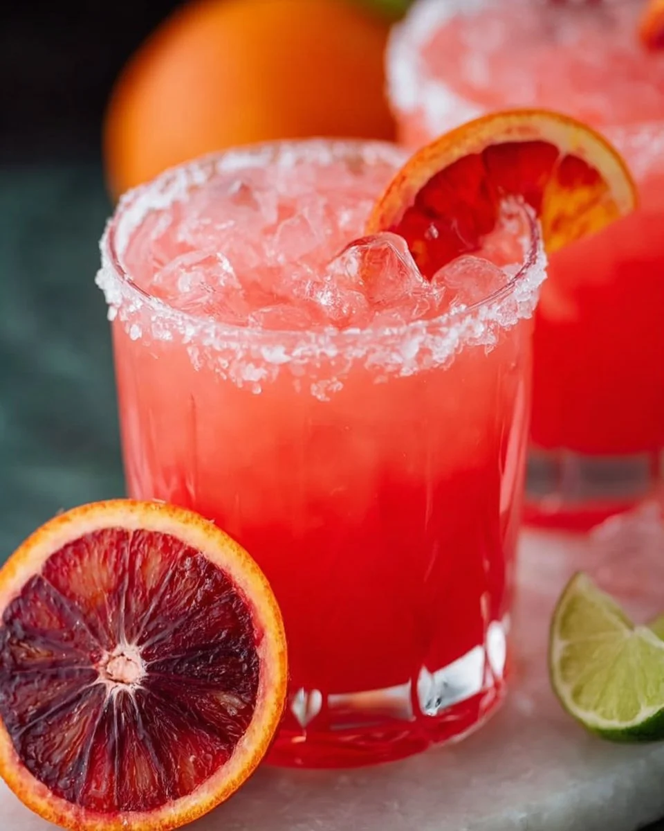 Refreshing Blood Orange Margarita Pitcher served in a glass with garnishes.