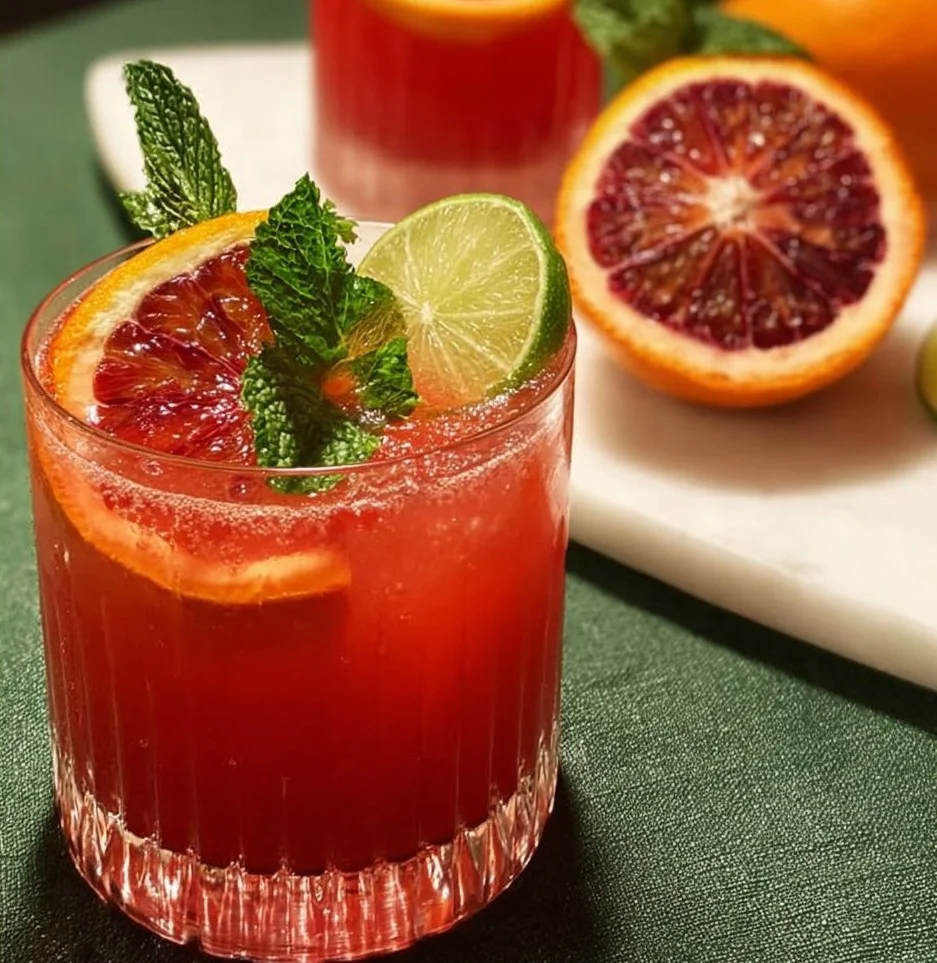 A refreshing Blood Orange Mocktail garnished with citrus slices and mint.