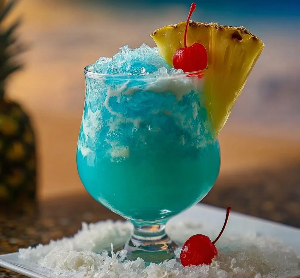 Blue Hawaiian cocktail garnished with a slice of pineapple and cherry