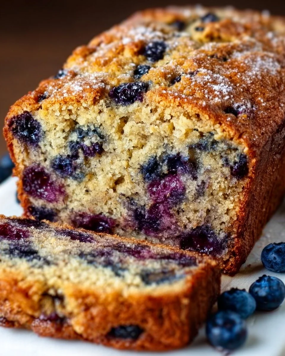 Loaf of blueberry banana bread with slices beside fresh blueberries and bananas.