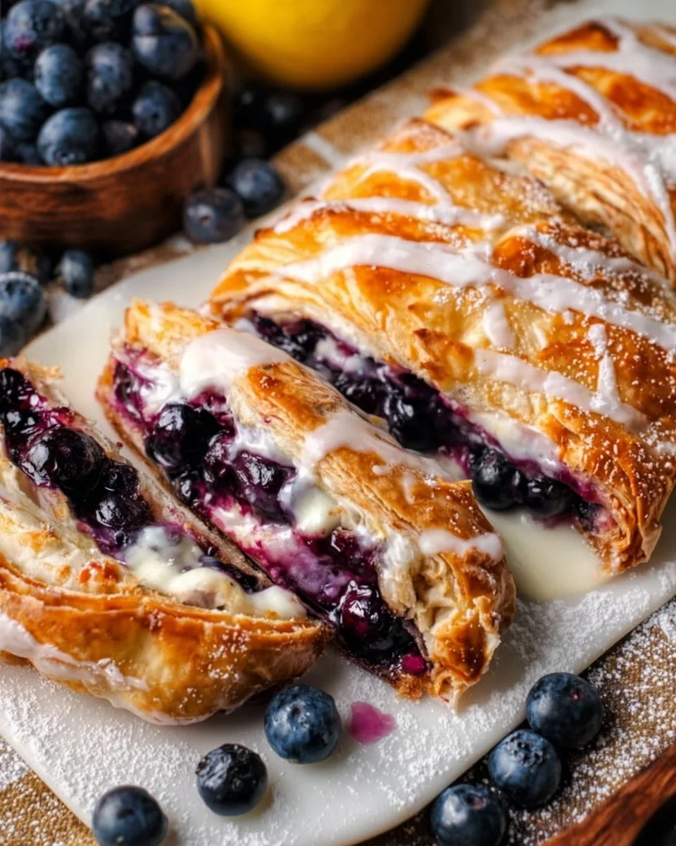 Freshly baked Blueberry Danish with flaky crust and juicy blueberry filling