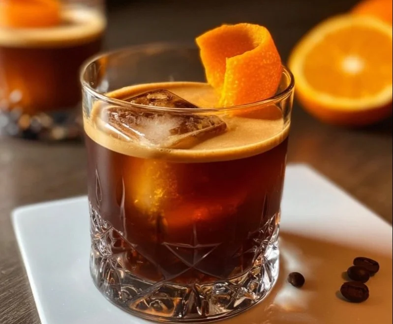 Bourbon Espresso Old Fashioned cocktail served in a glass with coffee bean garnish.
