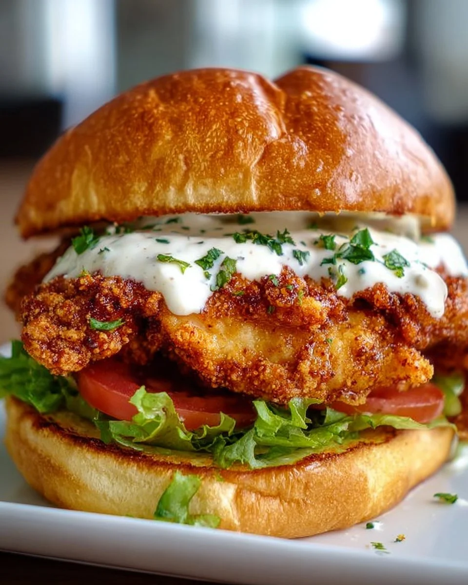 Cajun crispy chicken sandwich topped with garlic aioli and served with fries