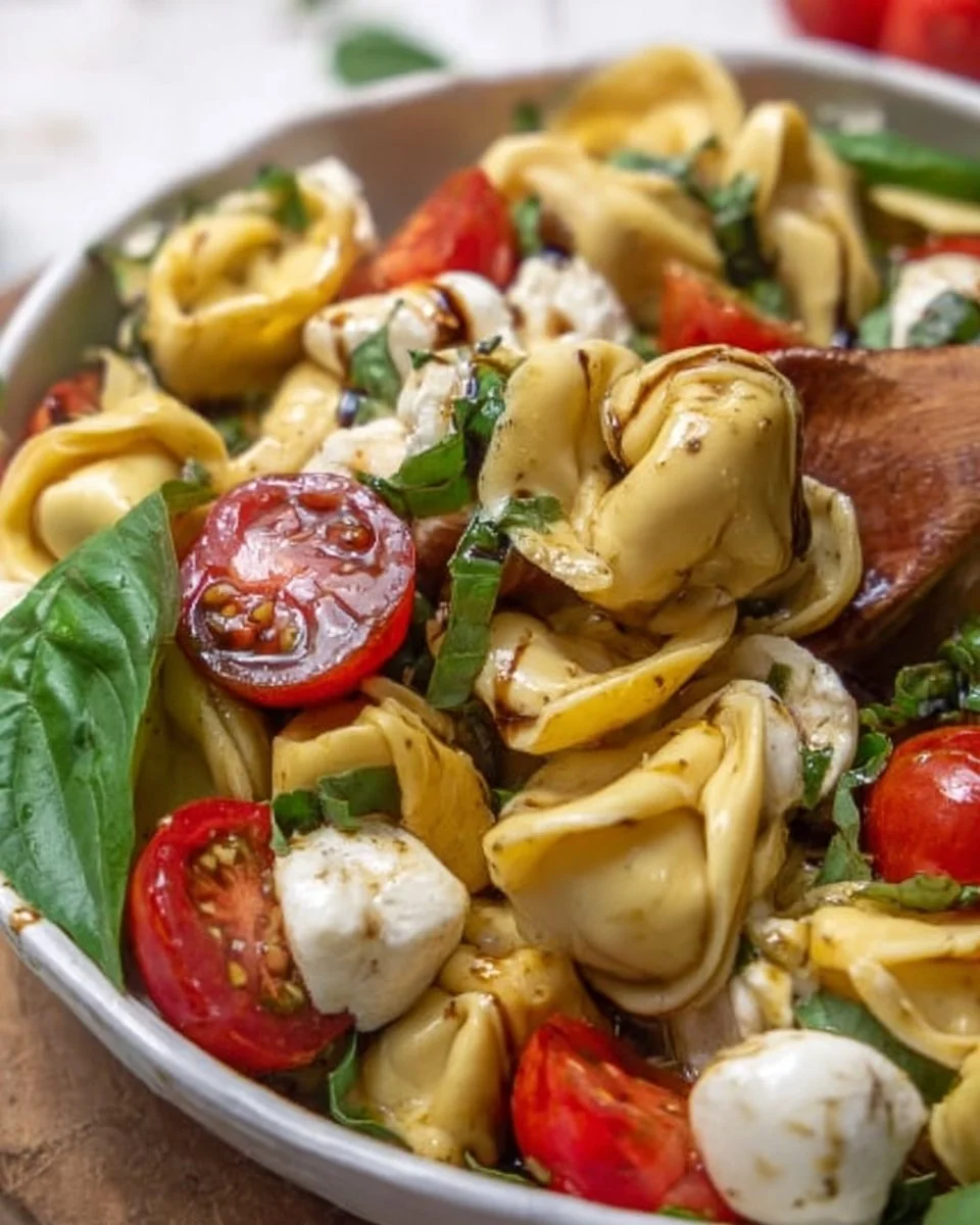 Caprese Tortellini Pasta Salad with fresh tomatoes and mozzarella cheese