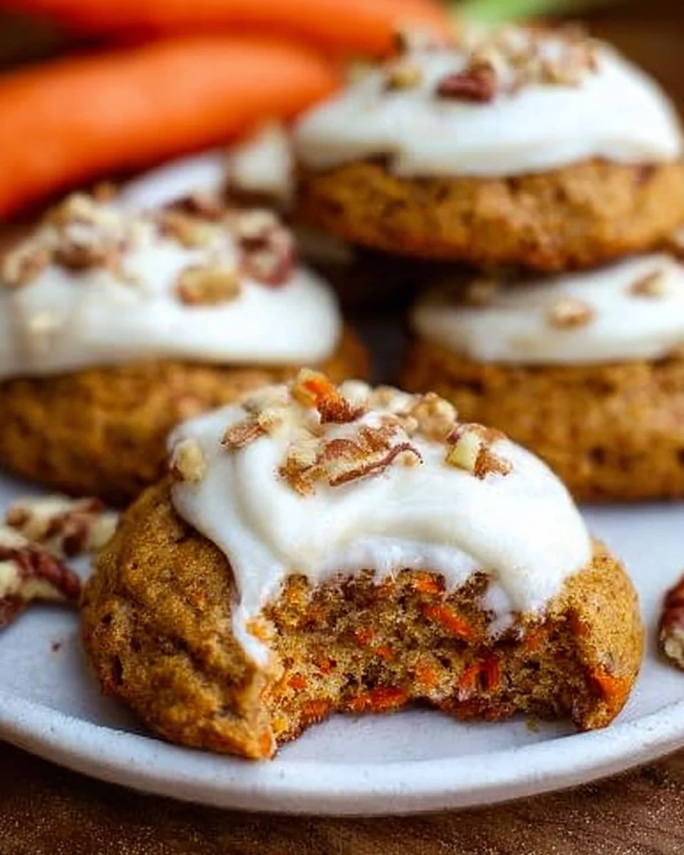 Delicious carrot cookies with creamy cream cheese frosting on a plate