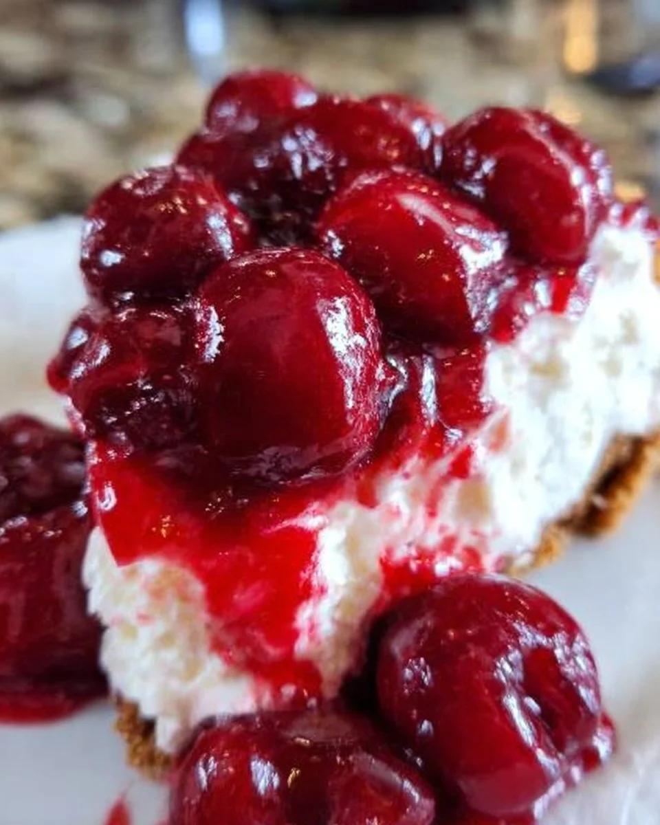 Delicious Cherry Delight dessert featuring layers of creamy filling and fresh cherries