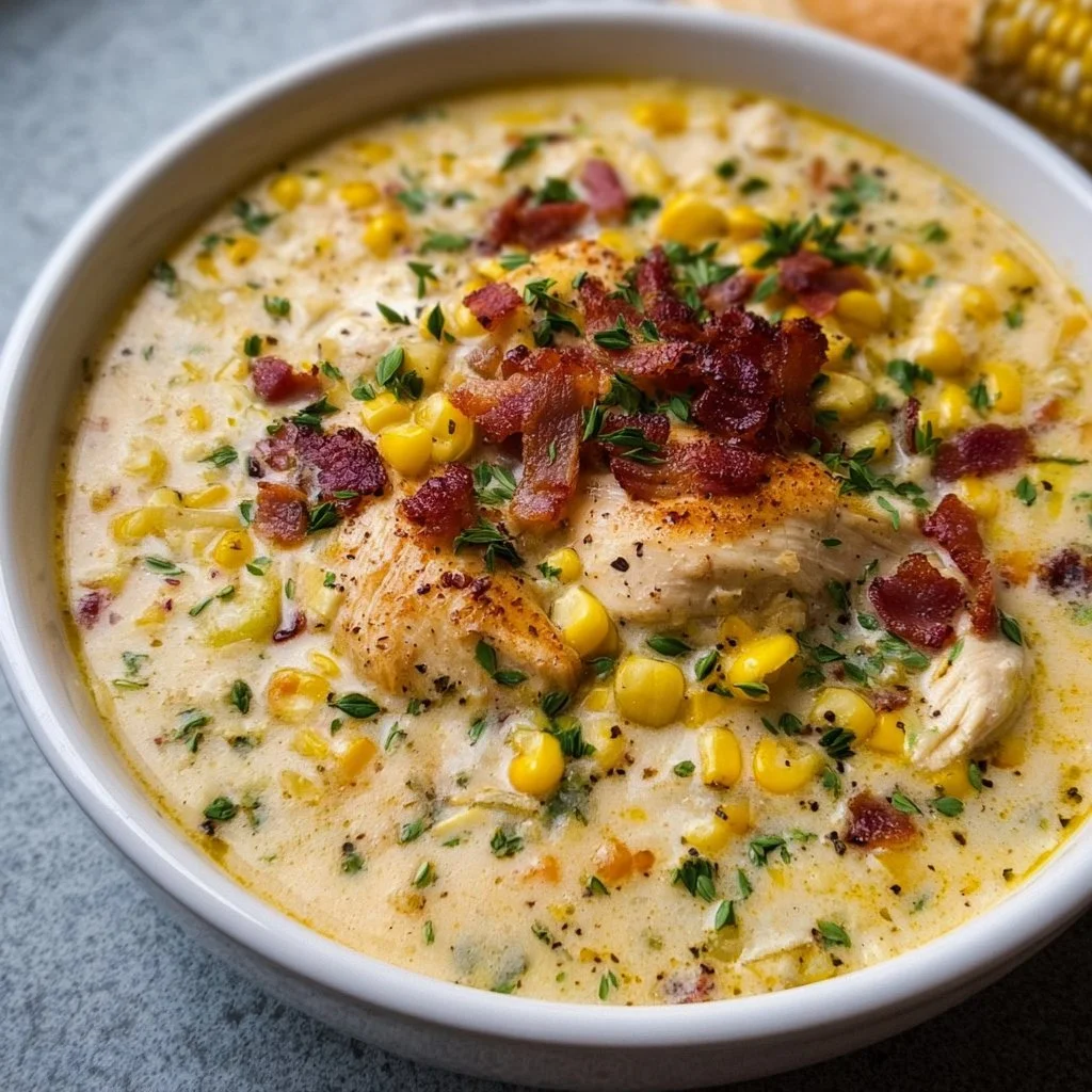 Bowl of creamy Chicken Corn Chowder garnished with herbs and corn