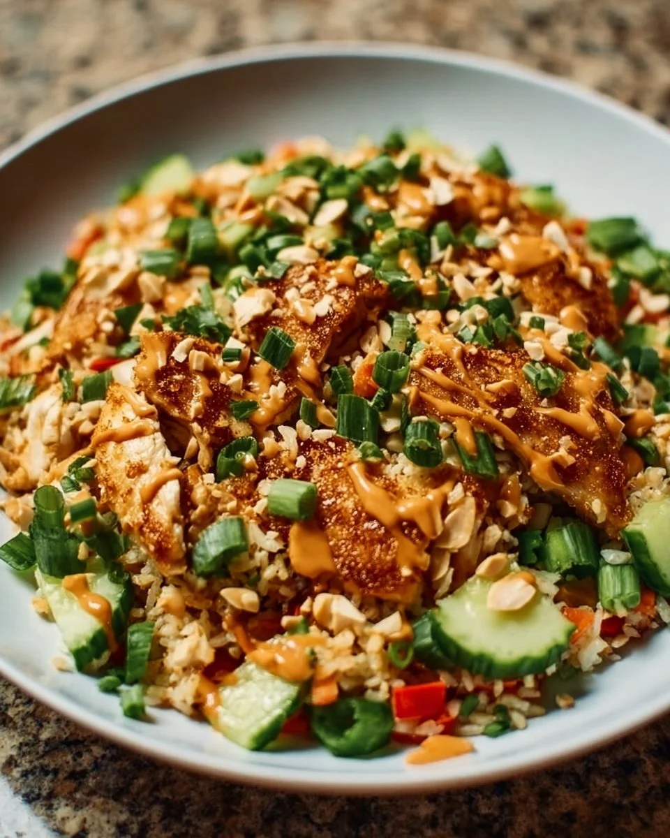 Delicious Chicken Crispy Rice Salad with Peanut Dressing served in a bowl.