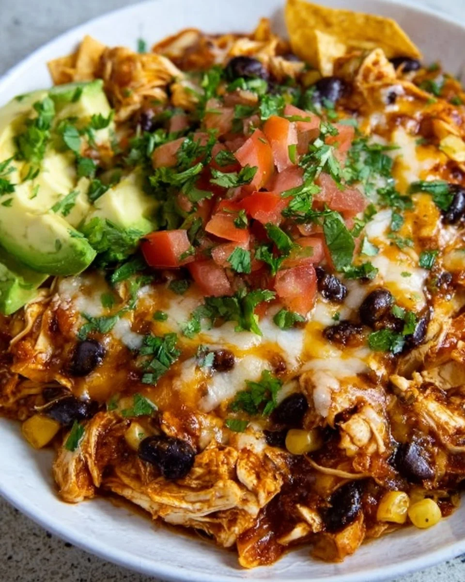 Delicious chicken enchilada skillet topped with cheese and fresh cilantro