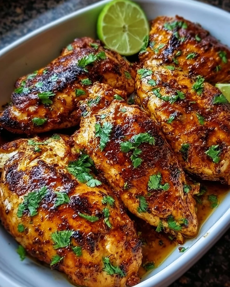 Delicious serving of Chili Lime Chicken garnished with lime and cilantro