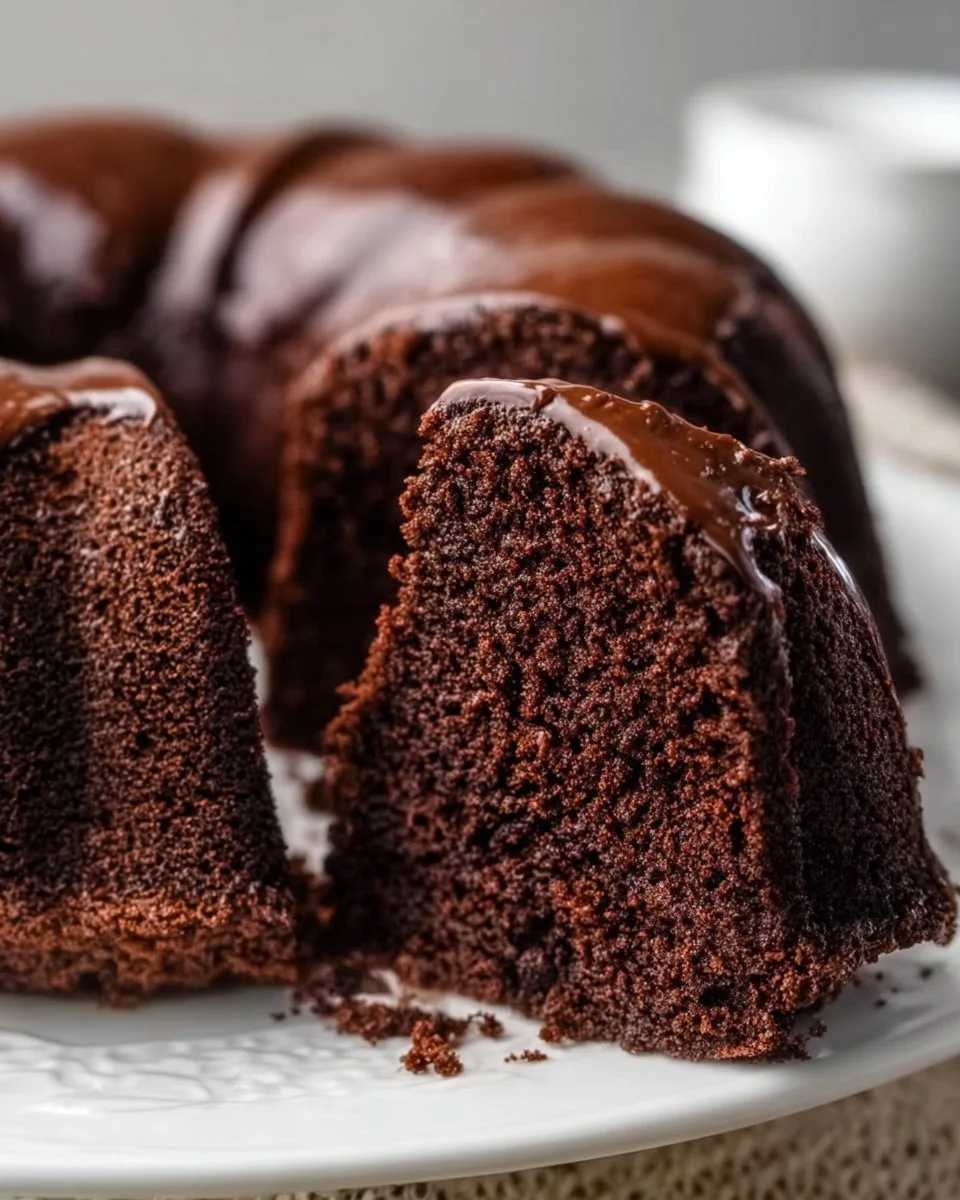 Delicious chocolate bundt cake topped with chocolate glaze