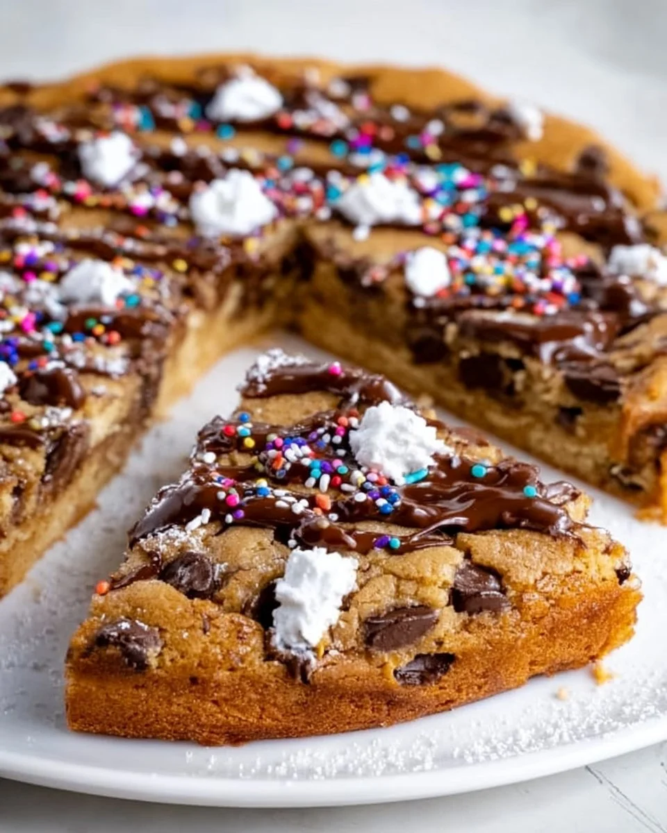 Delicious Chocolate Chip Cookie Cake topped with chocolate chips and frosting
