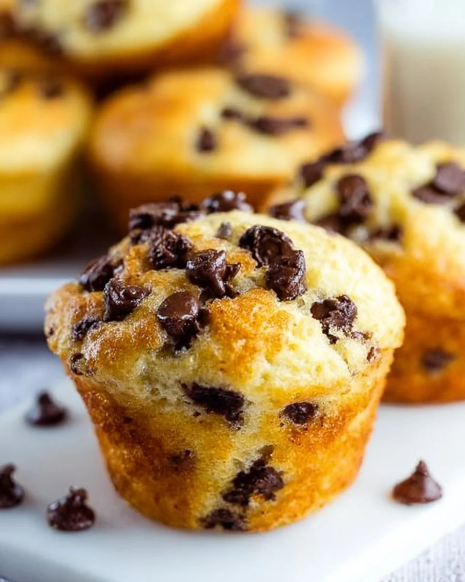 Freshly baked chocolate chip pancake muffins stacked on a plate