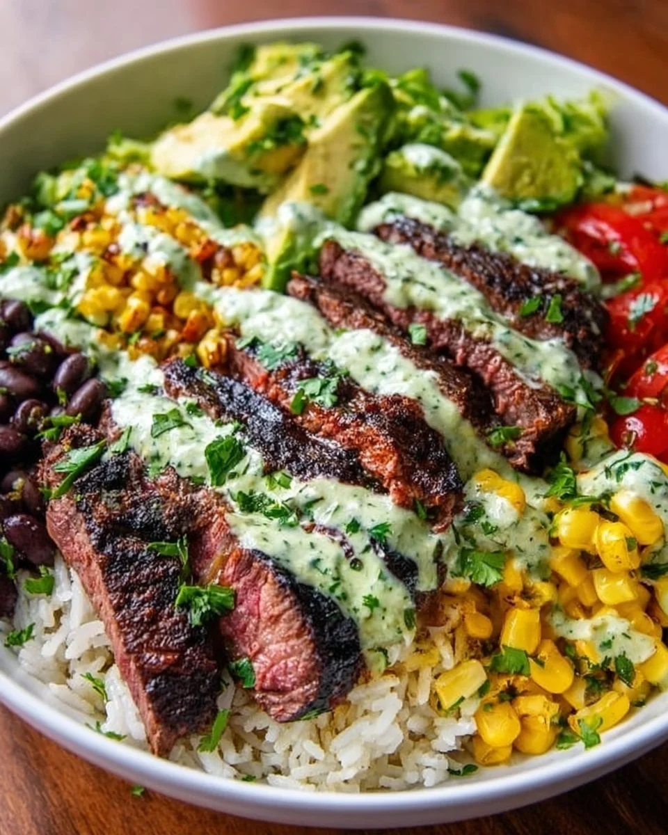 Cilantro Lime Steak Bowls garnished with fresh cilantro and lime slices
