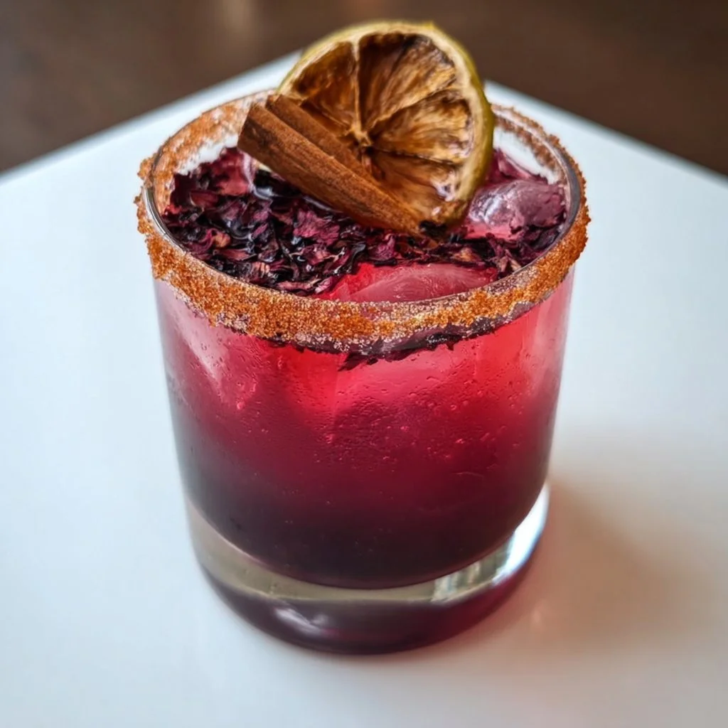 Cinnamon Hibiscus Mezcal Margarita cocktail in a glass with garnishes