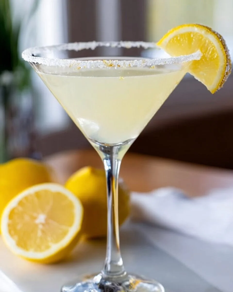 Classic lemon drop martini garnished with a lemon slice and sugar rim