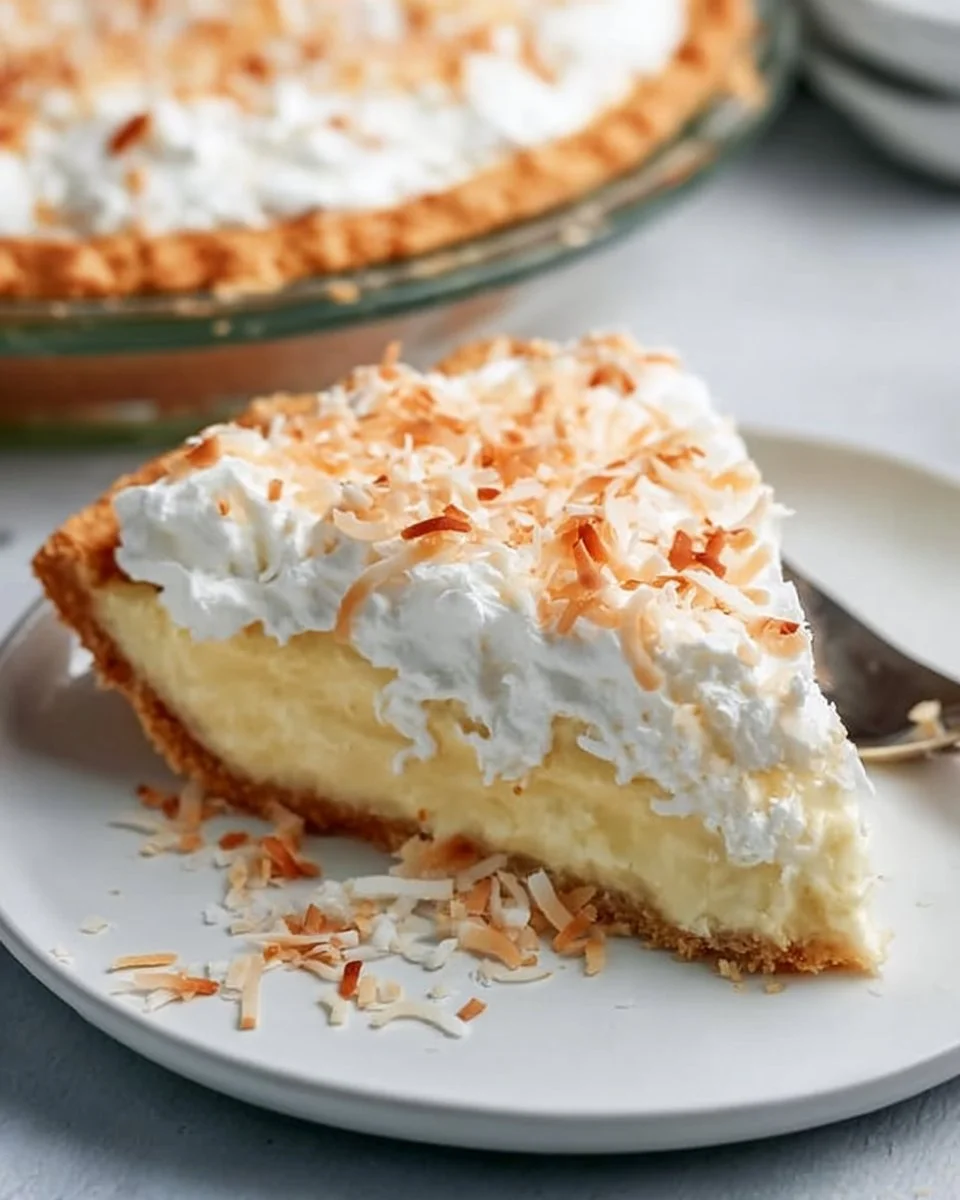 Slice of delicious coconut cream pie topped with whipped cream and coconut flakes