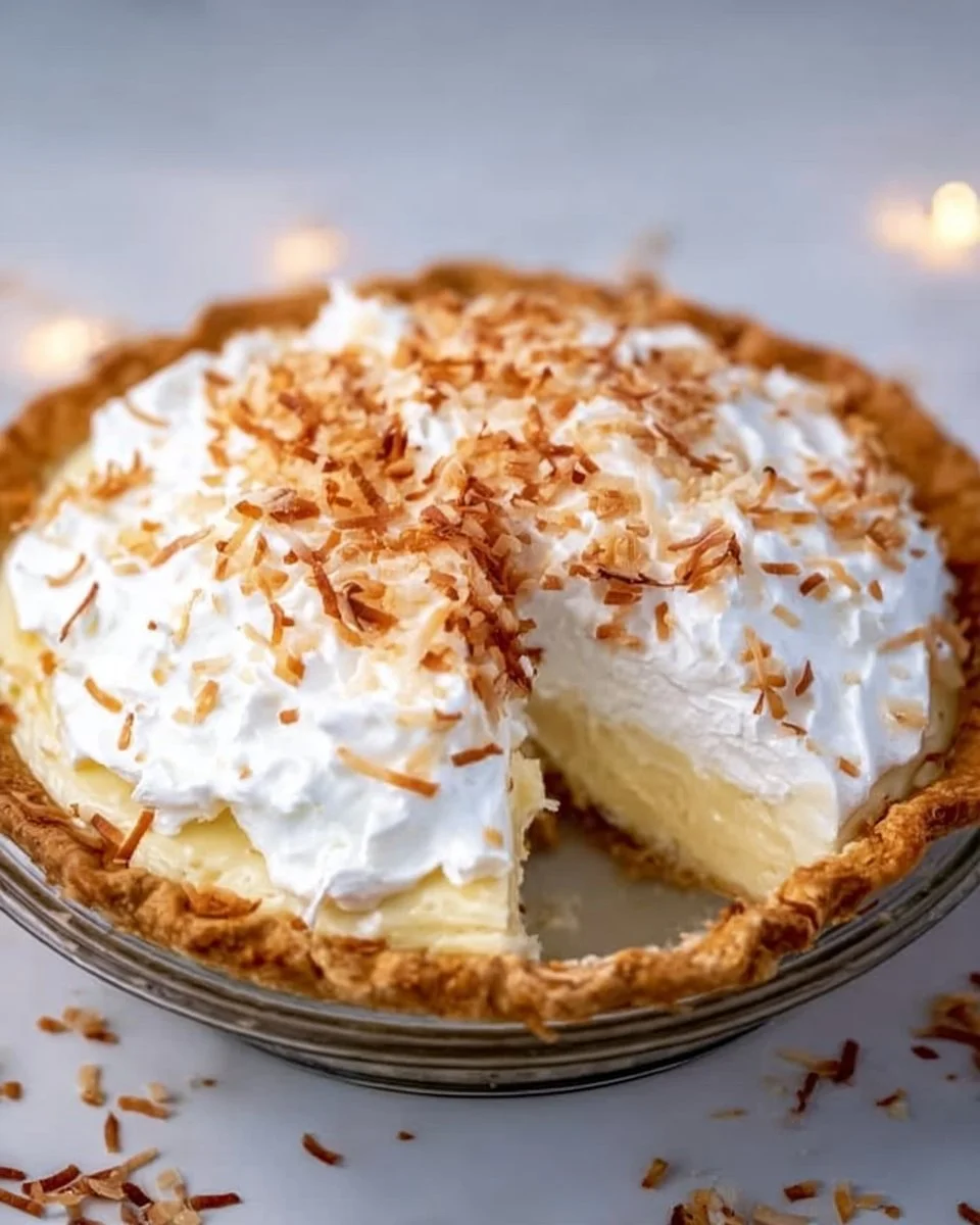 Delicious homemade Coconut Cream Pie topped with whipped cream and coconut flakes