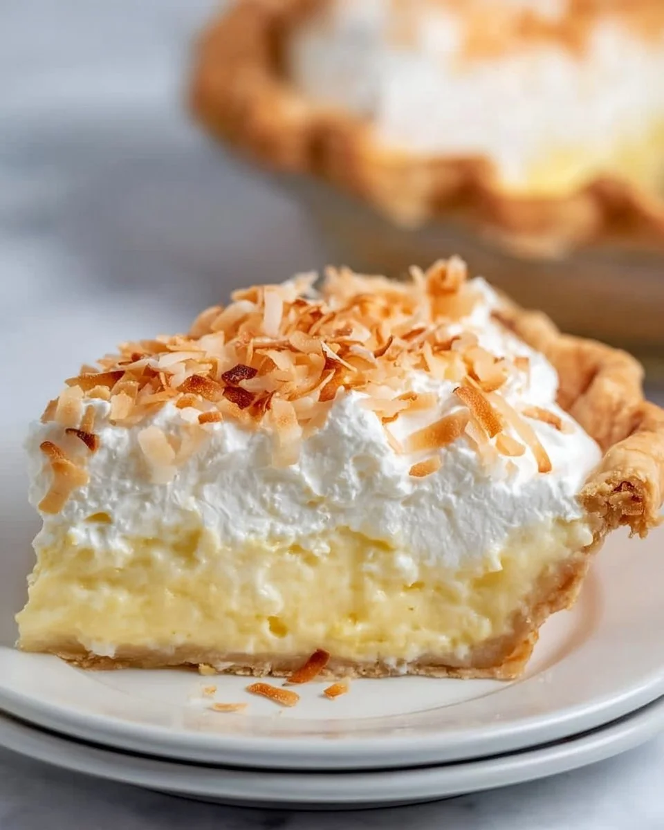 Delicious slice of Coconut Cream Pie topped with whipped cream and toasted coconut
