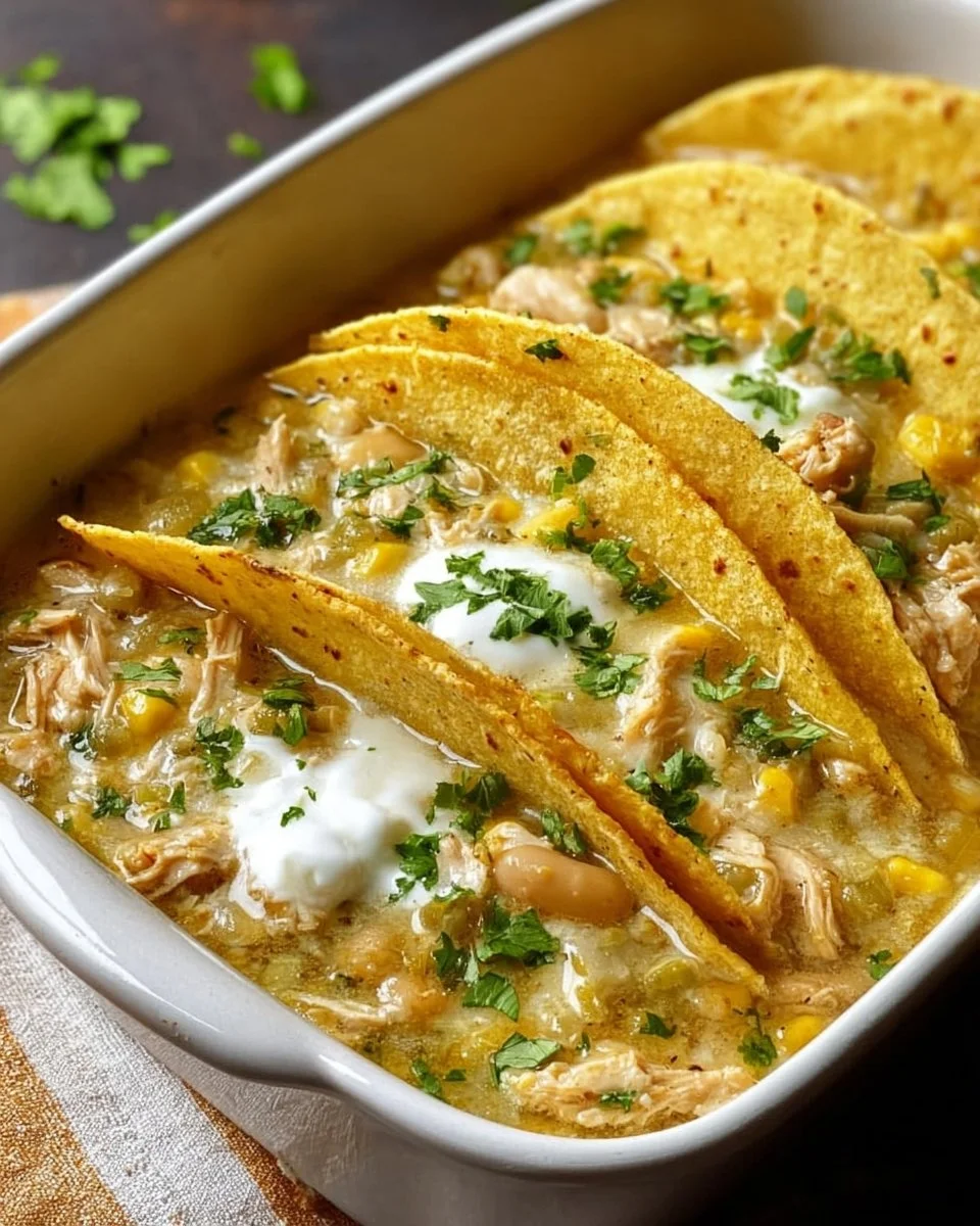 Delicious corn tortilla white chicken chili tacos served on a plate