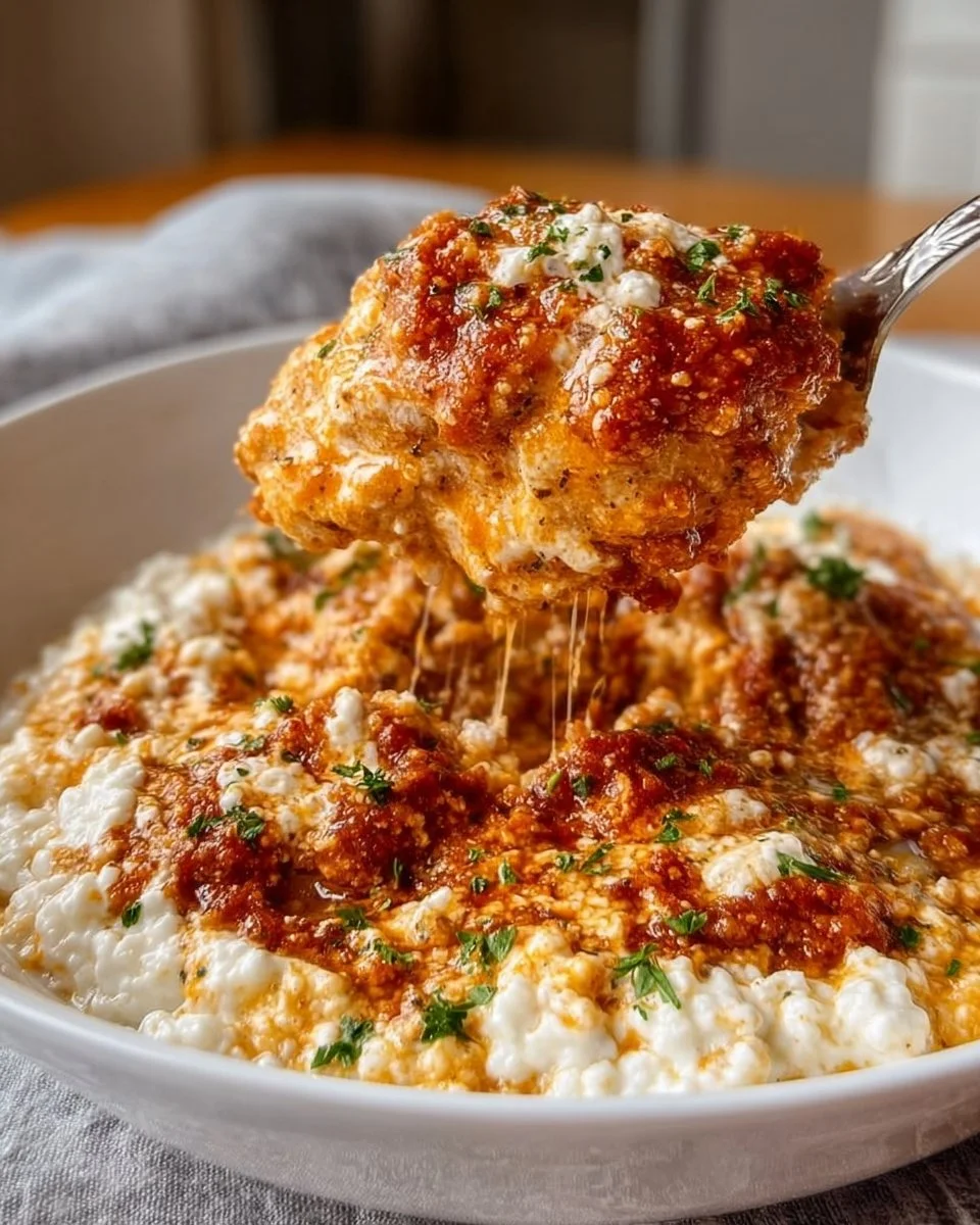 Cottage Cheese Chicken Parm Bowl topped with fresh ingredients and cheese