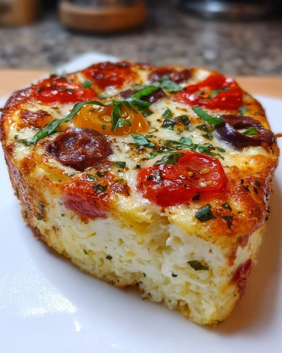 Cottage cheese pizza bowl topped with fresh vegetables and herbs