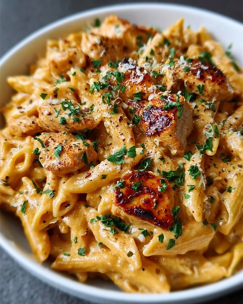 Delicious Cowboy Butter Chicken Pasta served on a plate with fresh herbs.