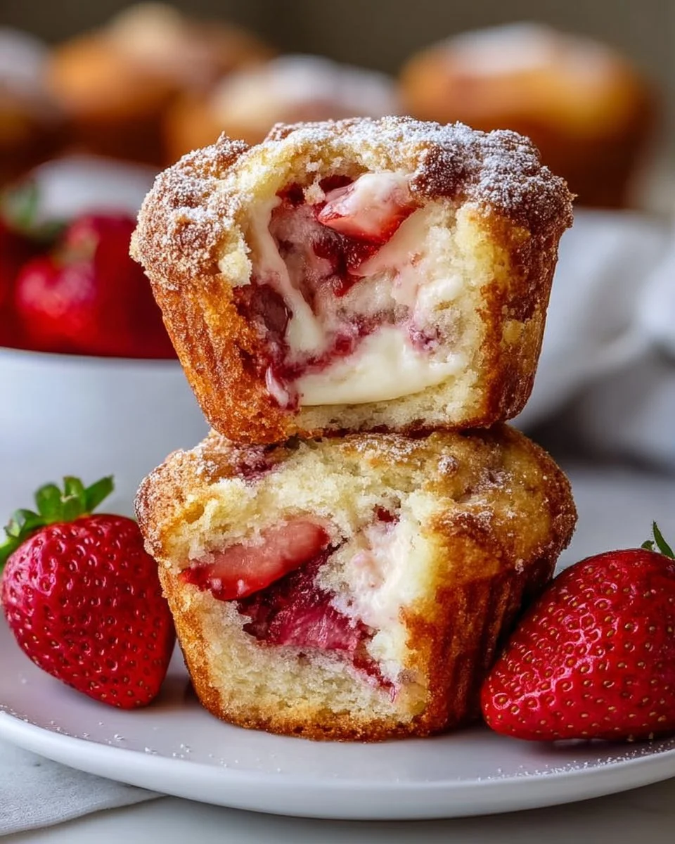 Freshly baked creamy strawberry cream cheese muffins on a plate