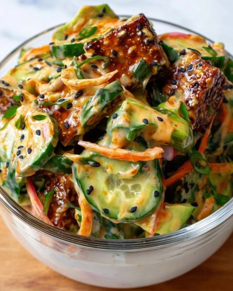 Creamy Asian cucumber salad bowl with fresh vegetables and dressing