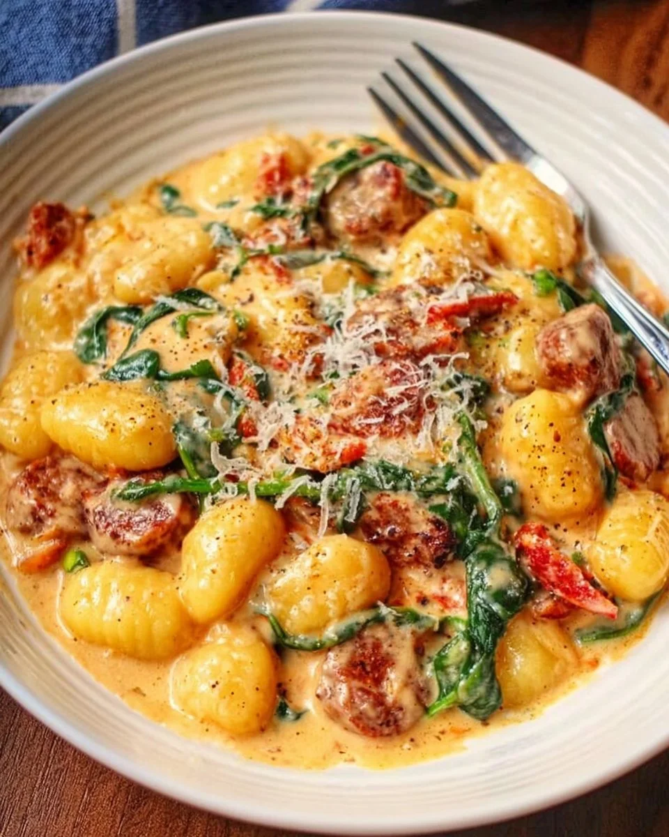 Creamy chorizo gnocchi served in a bowl with herbs and parmesan cheese.