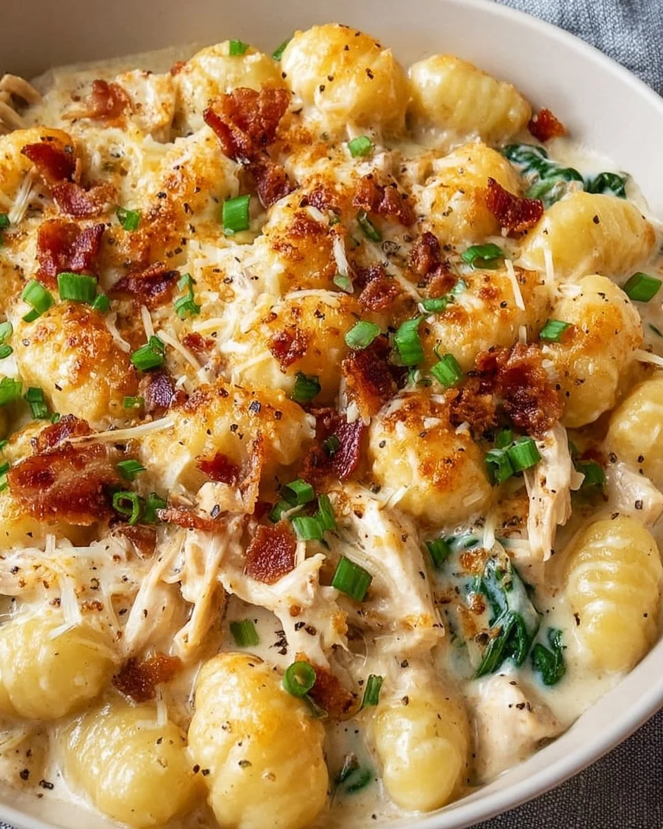 Creamy Crack Chicken Gnocchi in a bowl garnished with herbs