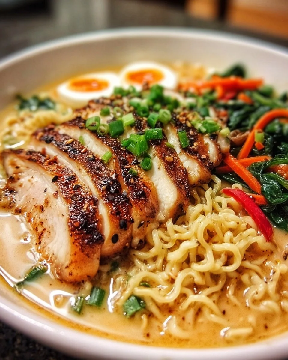 Creamy Garlic Chicken Ramen in a bowl with fresh herbs and garlic.