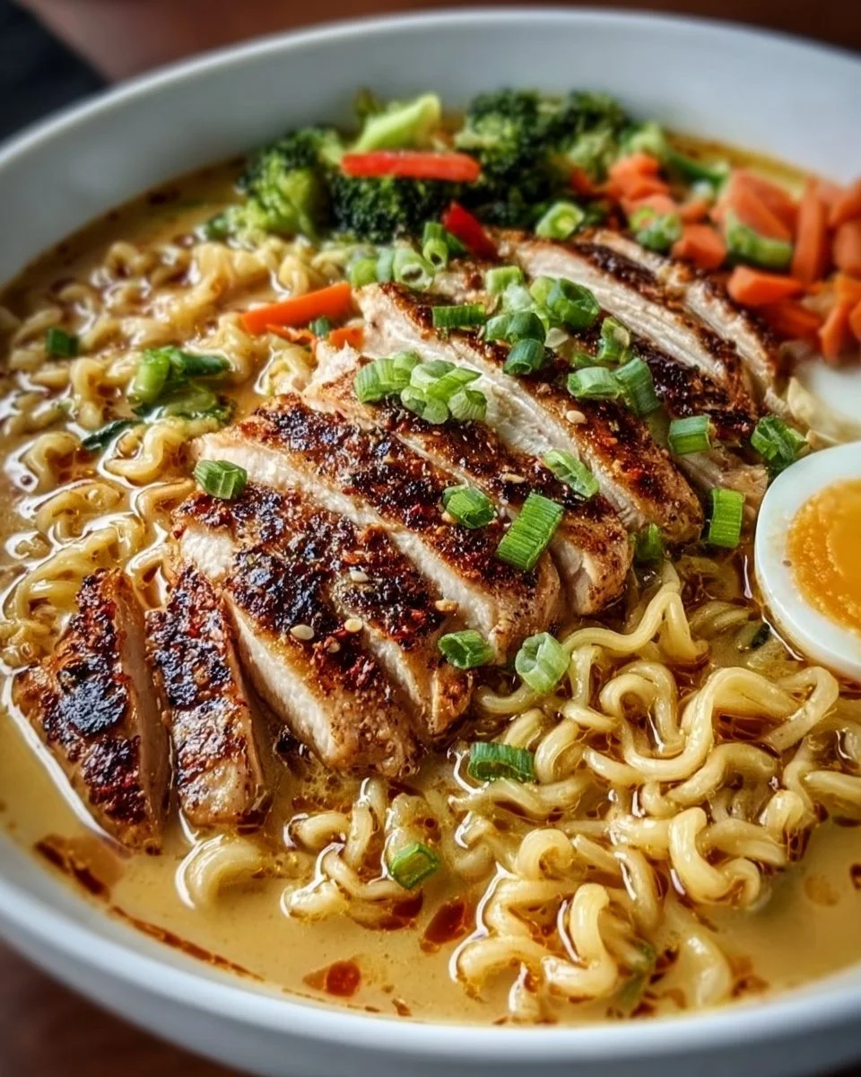Bowl of creamy garlic chicken ramen topped with green onions and sesame seeds