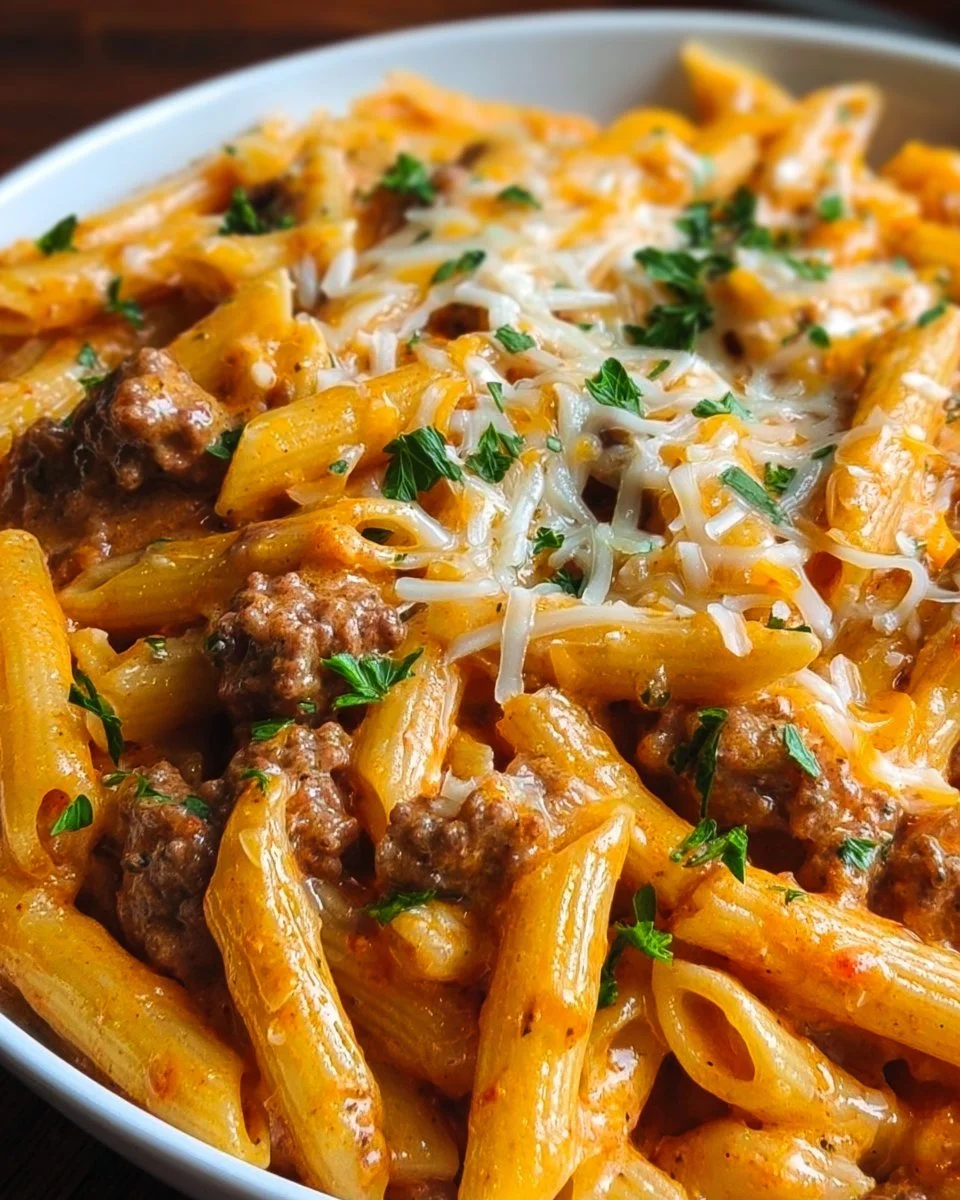 Creamy high protein beef pasta dish garnished with herbs