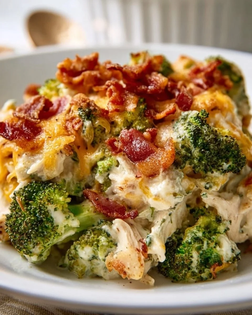 Creamy low carb chicken casserole with broccoli and bacon in a baking dish