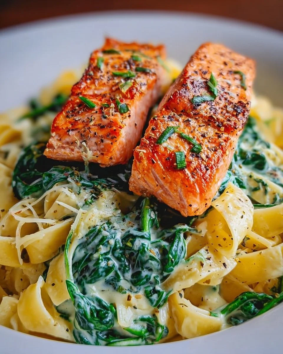 Creamy spinach and salmon pasta dish garnished with herbs