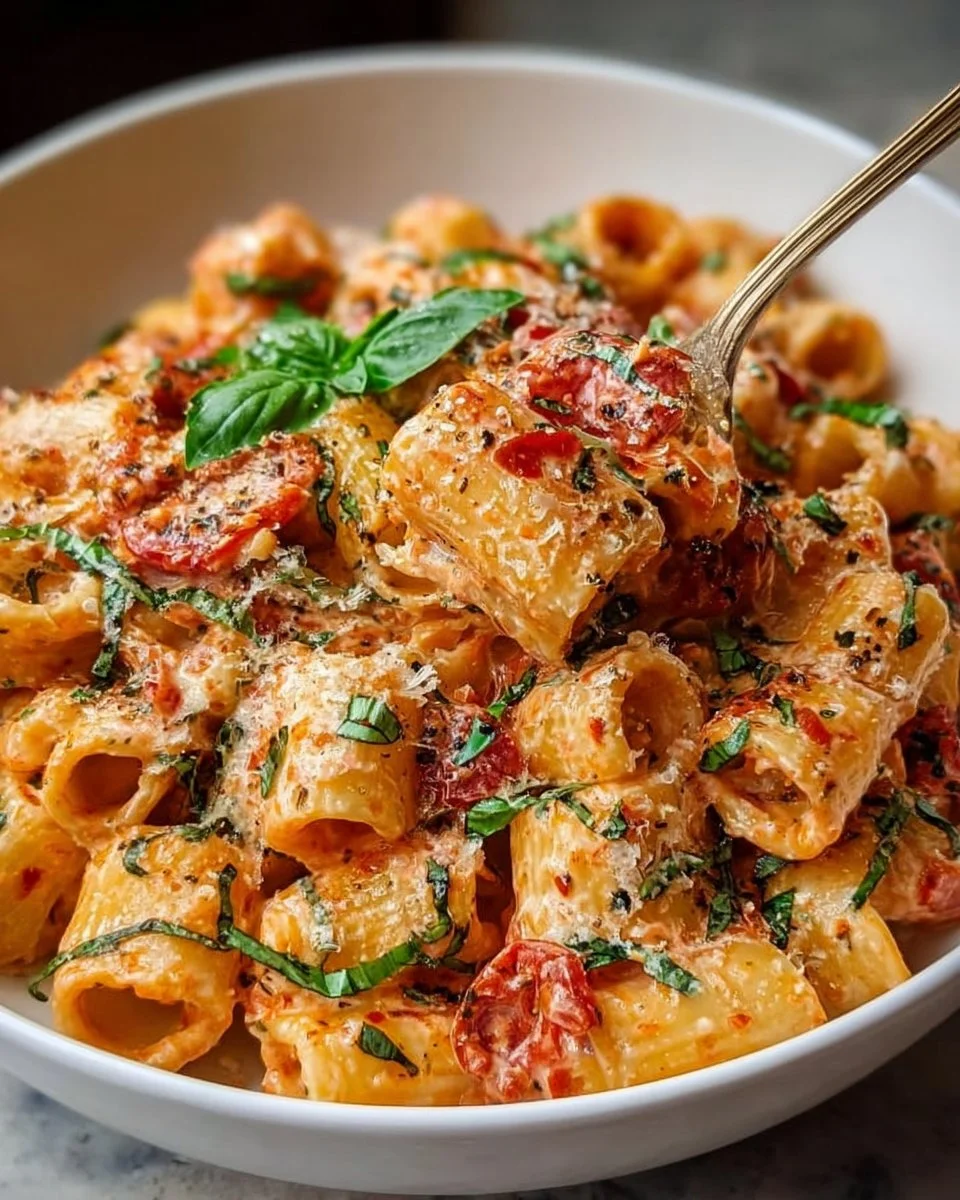 Creamy tomato garlic pasta with fresh herbs and Parmesan cheese
