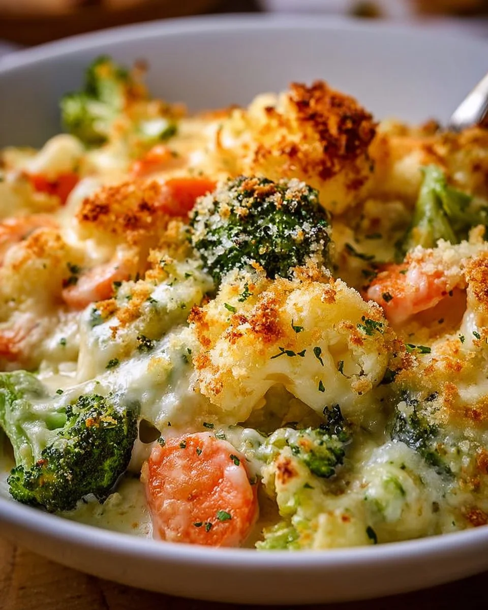 Creamy winter vegetable casserole served in a baking dish with fresh herbs on top.