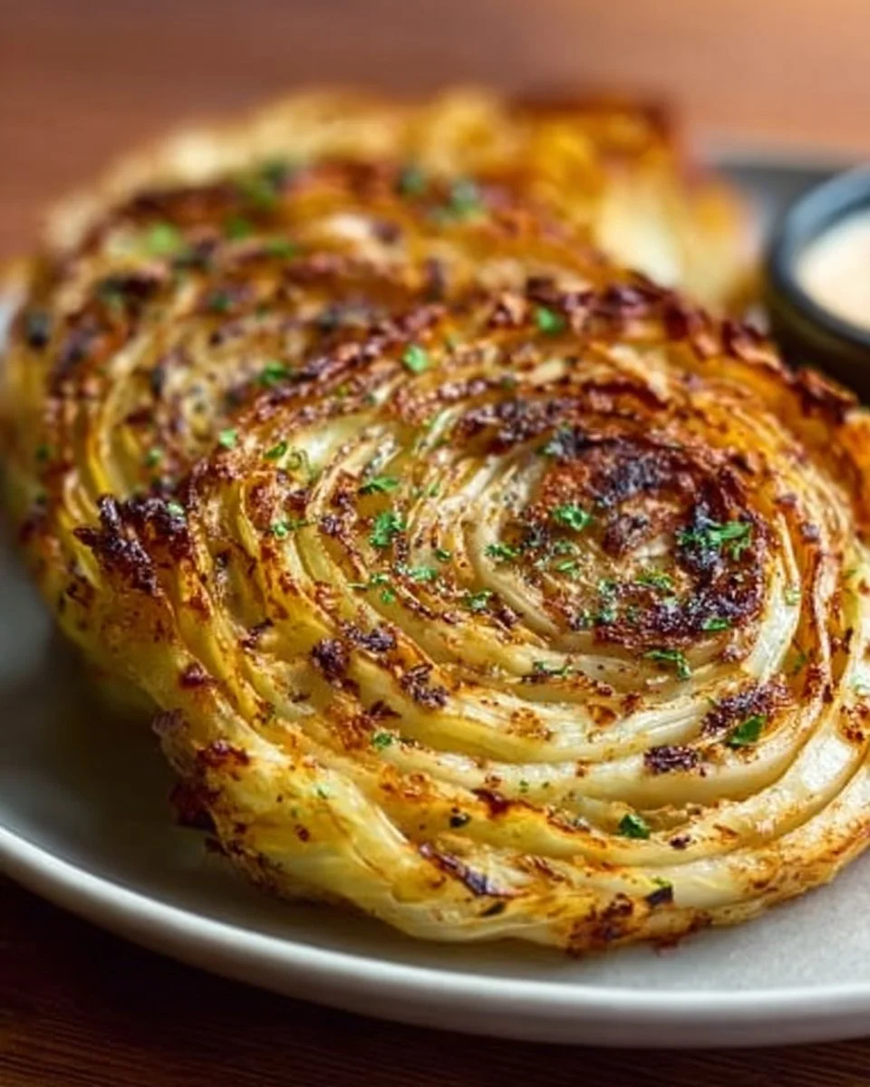 Crispy cabbage steaks served on a plate with seasoning
