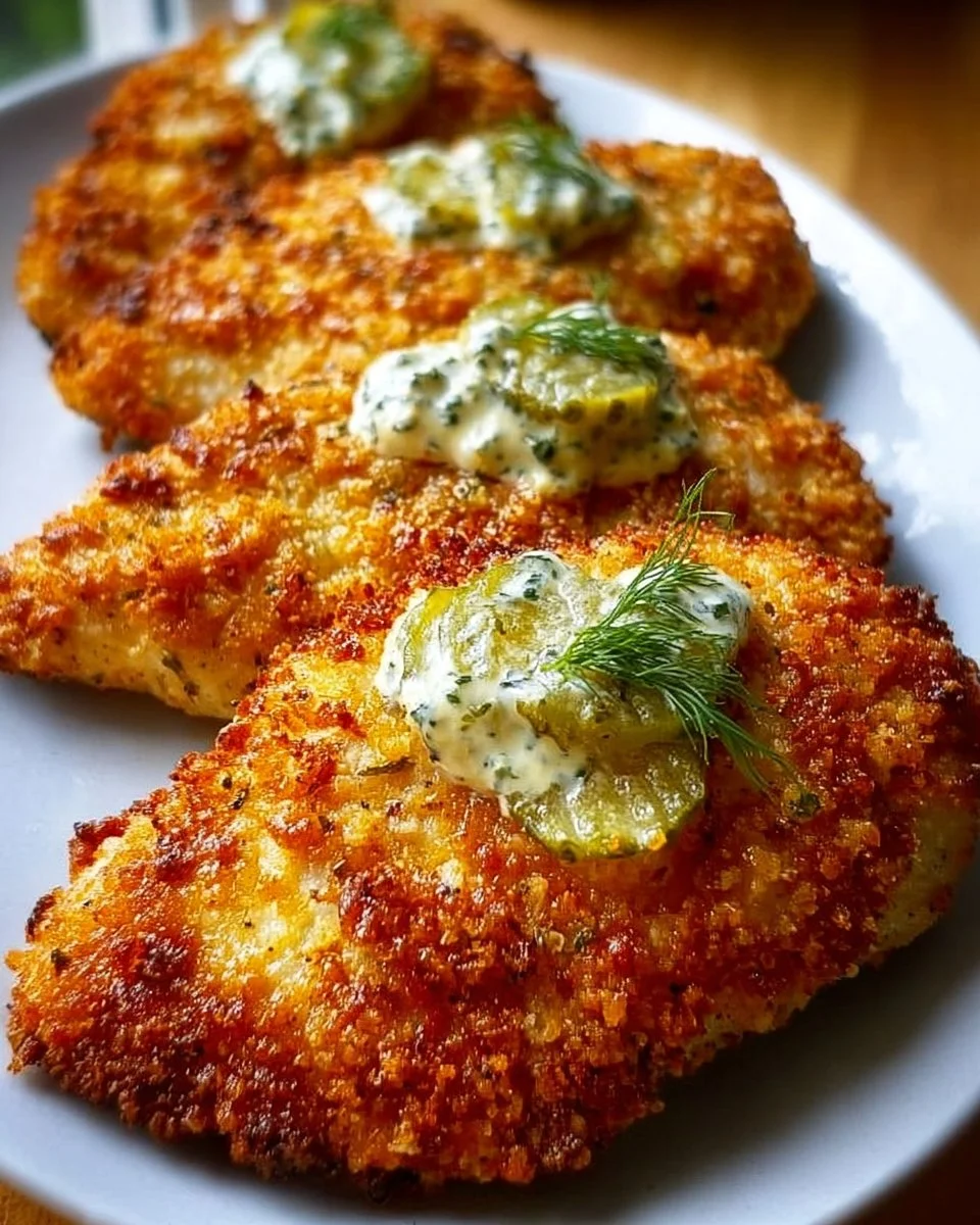 Crispy dill pickle parmesan chicken served on a plate with herbs and spices.