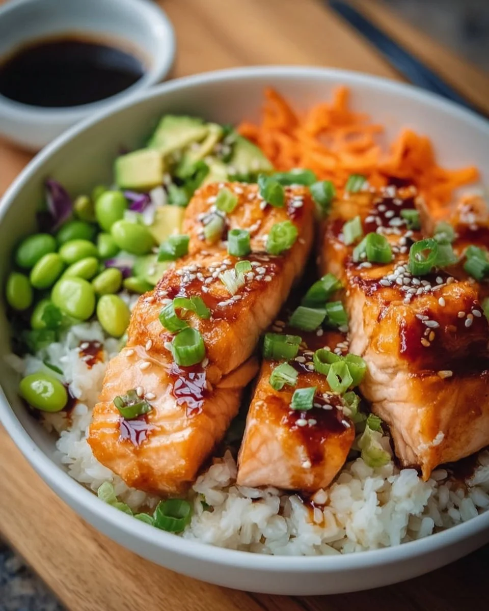 Crispy salmon rice bowl with vegetables and sauce